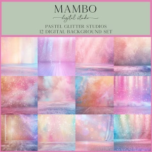 Könnte beinhalten: Ein Set mit 12 digitalen Hintergründen in Pastellfarben mit Glitzer. Die Hintergründe sind perfekt, um fantasievolle und magische Designs zu erstellen.