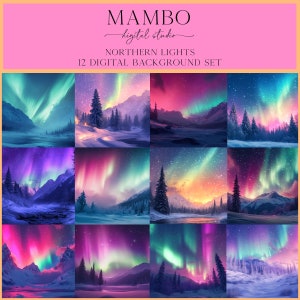 May include: A set of 12 digital backgrounds showcasing vibrant aurora borealis displays over a snowy, mountainous landscape. The aurora is depicted in various shades of green, pink, purple, and blue, with stars twinkling in the night sky.