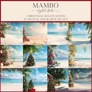 Può includere: Dodici immagini di sfondo digitali che mostrano una scena di spiaggia tropicale con un albero di Natale e palme. Le immagini sono perfette per creare design a tema natalizio.