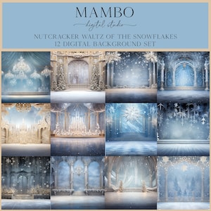 May include: A set of 12 digital backgrounds featuring a winter wonderland scene with a grand, ornate palace, sparkling chandeliers, and falling snow. The backgrounds are perfect for creating festive holiday designs.