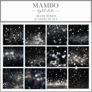 Könnte beinhalten: Ein Set mit 12 silbernen Bokeh-Überlagerungen für digitales Design. Die Überlagerungen zeigen verschiedene Größen und Formen von silbernen Bokeh-Lichtern auf schwarzem Hintergrund.