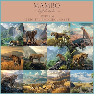 May include: A set of 12 digital backgrounds featuring leopards in various natural settings. The backgrounds include lush green forests, rocky mountains, and open grasslands. The leopards are depicted in different poses, including walking, standing, and lying down. The backgrounds are perfect for creating digital art, scrapbooking, and other creative projects.