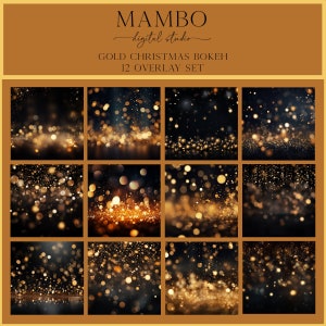 Pode incluir: Um conjunto de 12 sobreposições de bokeh de Natal dourado para design digital. As sobreposições apresentam uma variedade de luzes douradas brilhantes sobre um fundo preto.