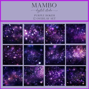 May include: A set of 12 purple bokeh overlays for digital design. The overlays feature a variety of purple and white lights, creating a sparkling and magical effect.