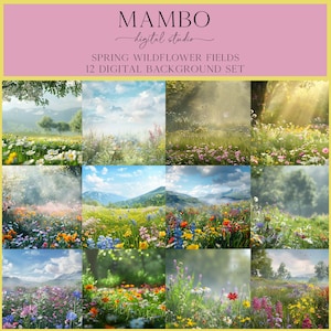 May include: A set of 12 digital backgrounds featuring vibrant spring wildflower fields. The backgrounds showcase a variety of wildflowers in shades of pink, purple, yellow, and blue, with lush green grass and a backdrop of rolling hills or a forest.