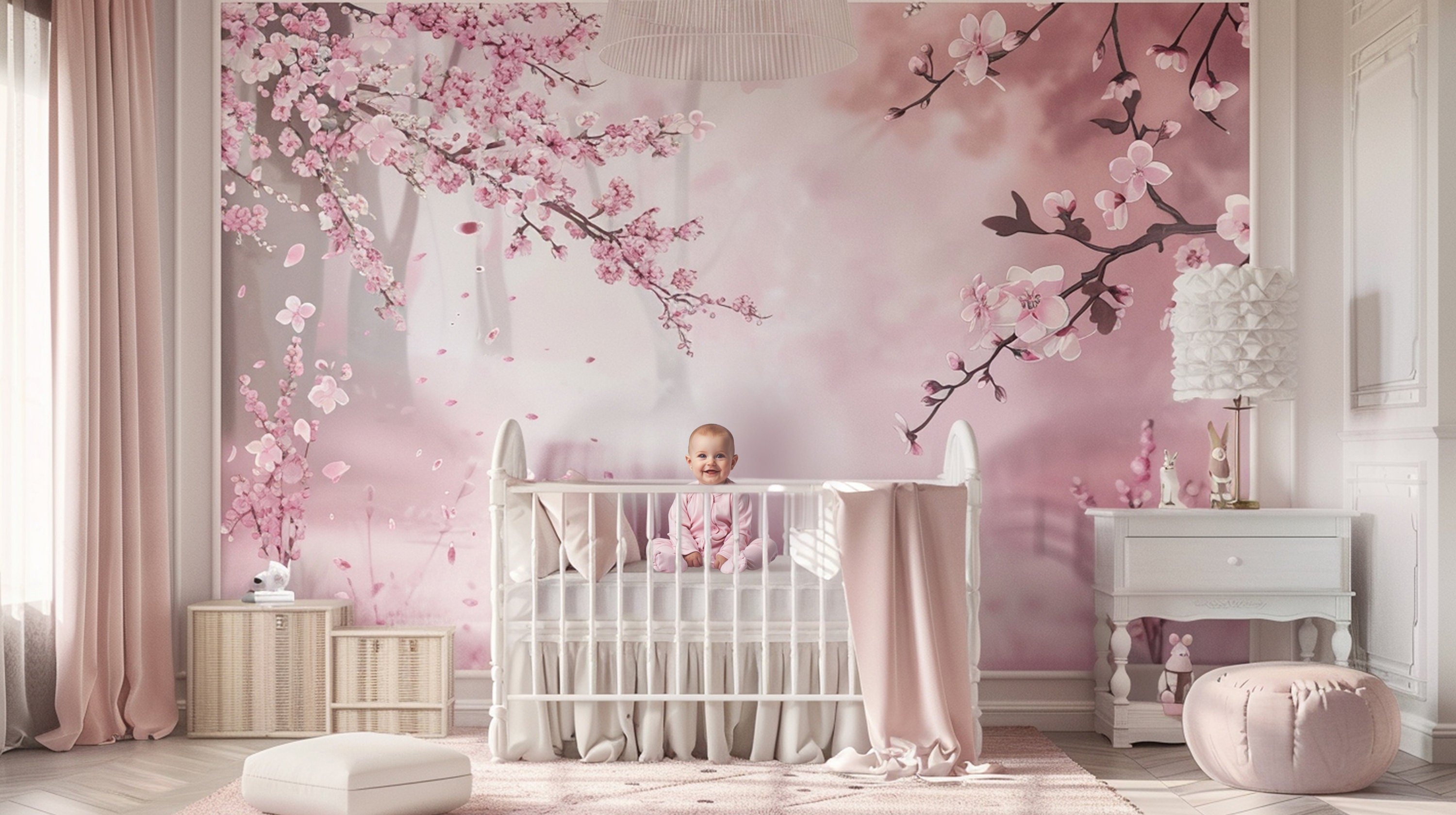Cherry Blossom Baby Nursery Rooms Digital Backdrop Set, Photoshop ...
