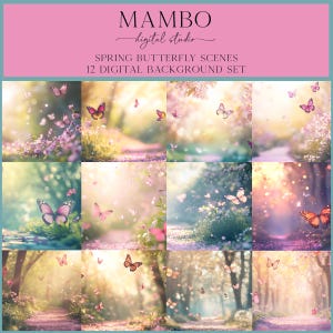 May include: A set of 12 digital backgrounds featuring spring scenes with butterflies. The backgrounds are a mix of soft pastel colours and feature butterflies flying through a forest, a meadow, and a garden.