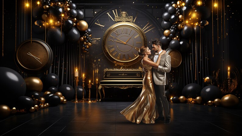 Black and Gold New Years Eve Studio Scenes Dance Digital Backdrop Set