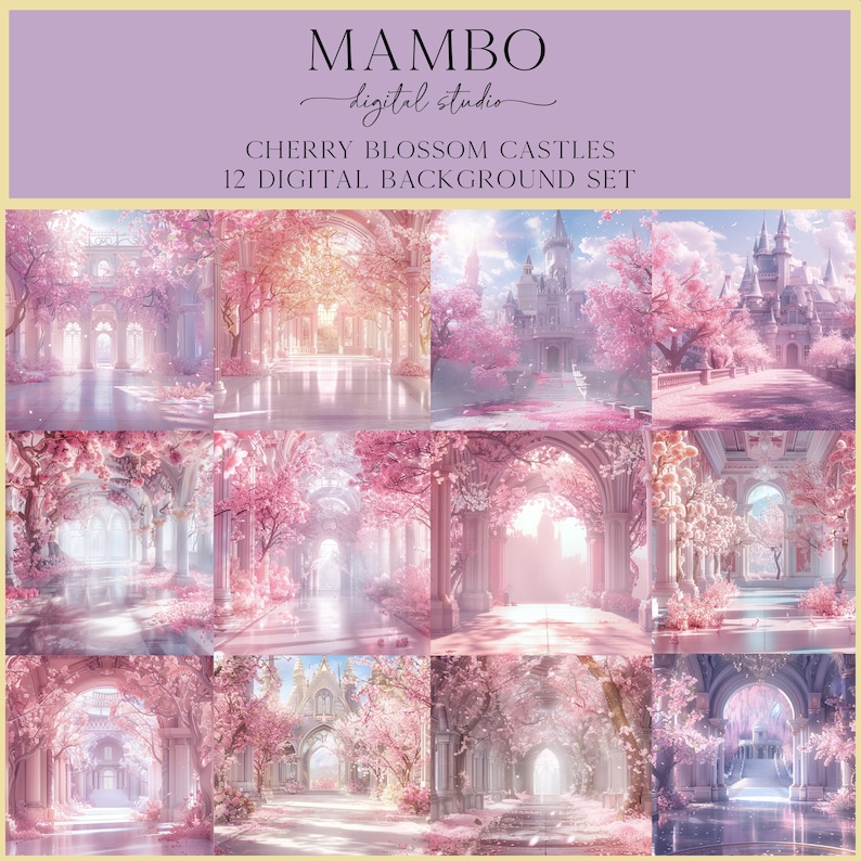 Cherry Blossom Castle Digital Backdrop Set, Photoshop Background ...