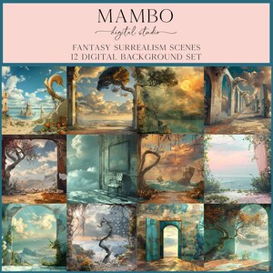 May include: A digital background set featuring 12 fantasy surrealism scenes. The images showcase various landscapes with archways, trees, and surreal elements. The text at the top reads "MAMBO digital studio".