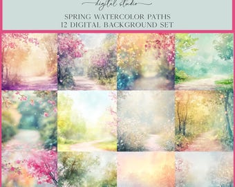 Spring Watercolor Path Scenes Digital Backdrop Set, Photoshop Background, Digital Background, Portrait, Art, Dance, Photography