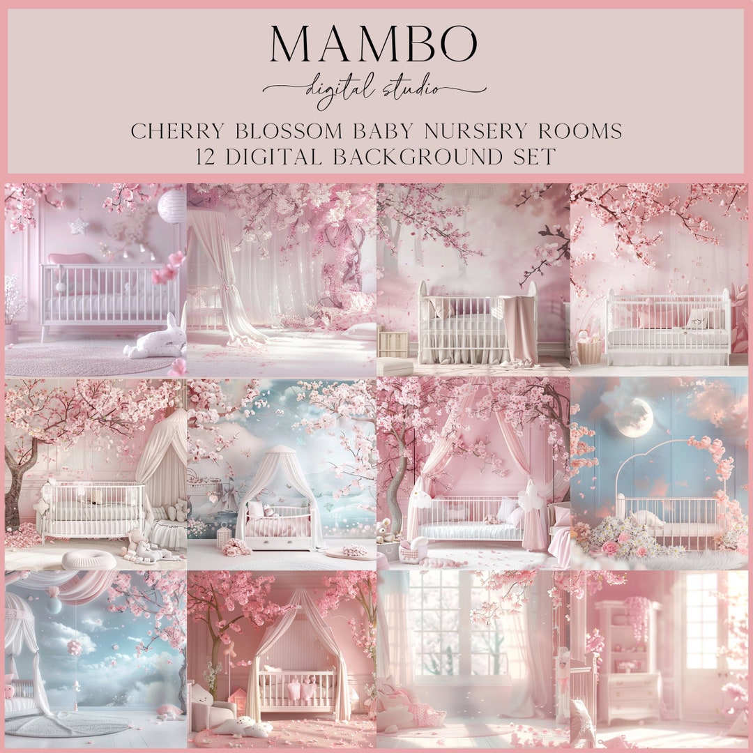 Cherry Blossom Baby Nursery Rooms Digital Backdrop Set, Photoshop ...