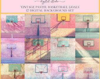 Vintage Pastel Basketball Goals Digital Backdrop Set, Photoshop Background, Digital Background, School Portrait, Sports, High School