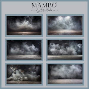 May include: Four different images of a dark studio setting with smoke and a wooden or concrete floor. The smoke is white and billowing, creating a dramatic and moody atmosphere.