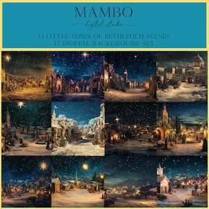 May include: A digital background set of 12 images depicting a snowy, nighttime scene of a small town. The town is lit with warm, golden lights and features buildings, trees, and a star in the sky. The images are perfect for creating a festive and magical Christmas scene.