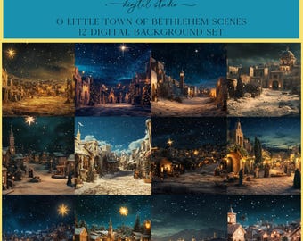 May include: A digital background set of 12 images depicting a snowy, nighttime scene of a small town. The town is lit with warm, golden lights and features buildings, trees, and a star in the sky. The images are perfect for creating a festive and magical Christmas scene.