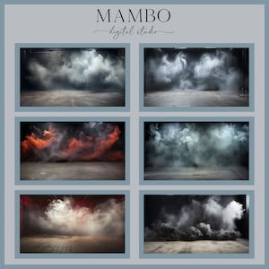 May include: Six digital backgrounds featuring different colored smoke effects in a dark studio setting. The smoke is white, red, green, and black.