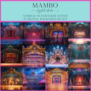 May include: A set of 12 digital backgrounds featuring surreal Nutcracker scenes. The backgrounds are a mix of colorful and whimsical, with a variety of settings, including a stage, a winter wonderland, and a forest. The backgrounds are perfect for creating festive and magical designs.