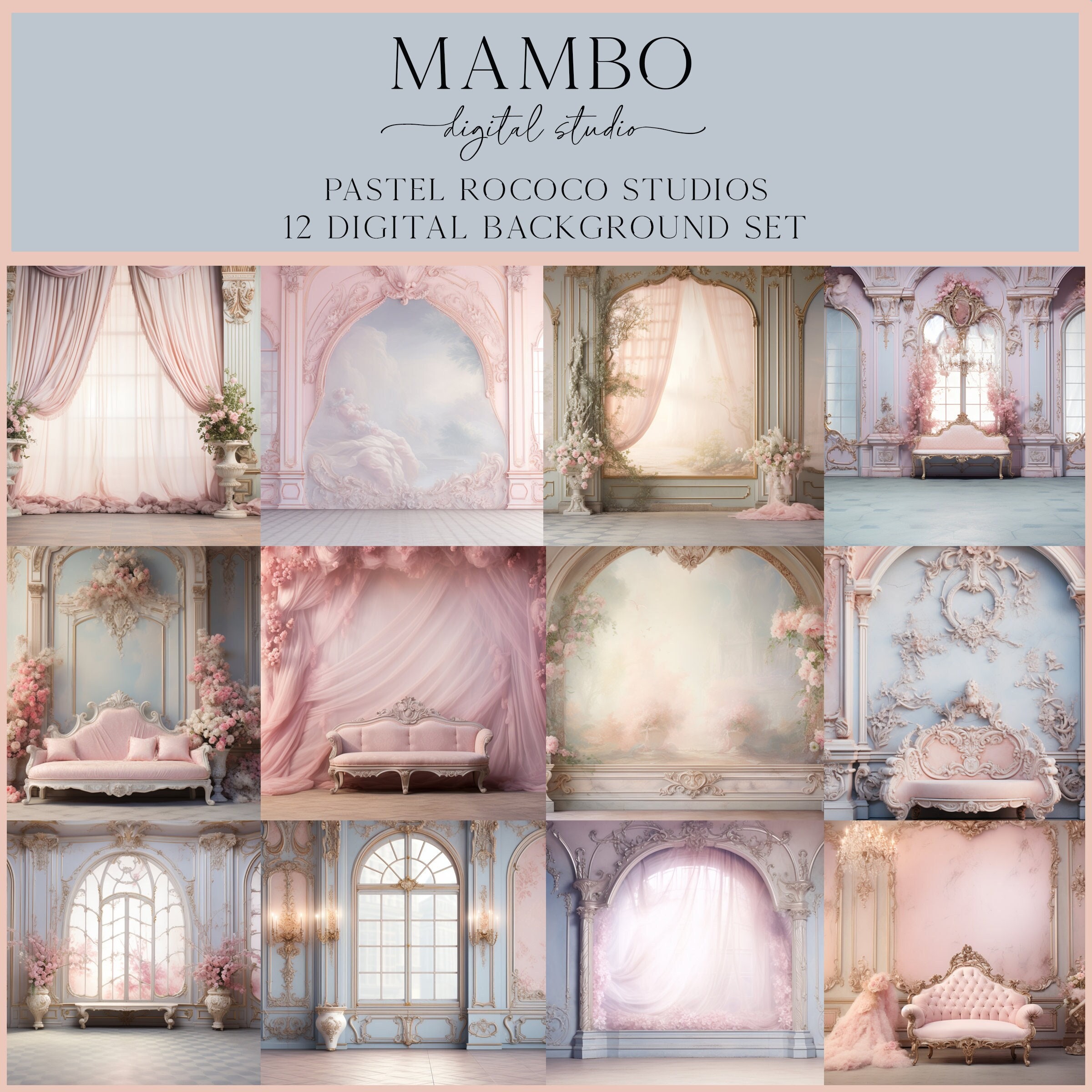 Pastel Rococo Background Pastel Rococo Studio Scenes, Digital Backdrop Set, Photoshop Background ...
