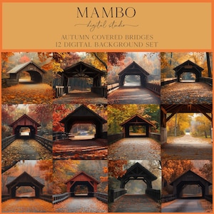 May include: A set of 12 digital background images featuring covered bridges in autumn. The bridges are wooden and have a rustic charm. The leaves on the trees are a mix of red, orange, and yellow. The backgrounds are perfect for adding a touch of fall to your digital projects.