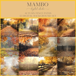 May include: A set of 12 digital backgrounds featuring autumnal scenes with paths lined by wooden fences and colourful fall foliage.