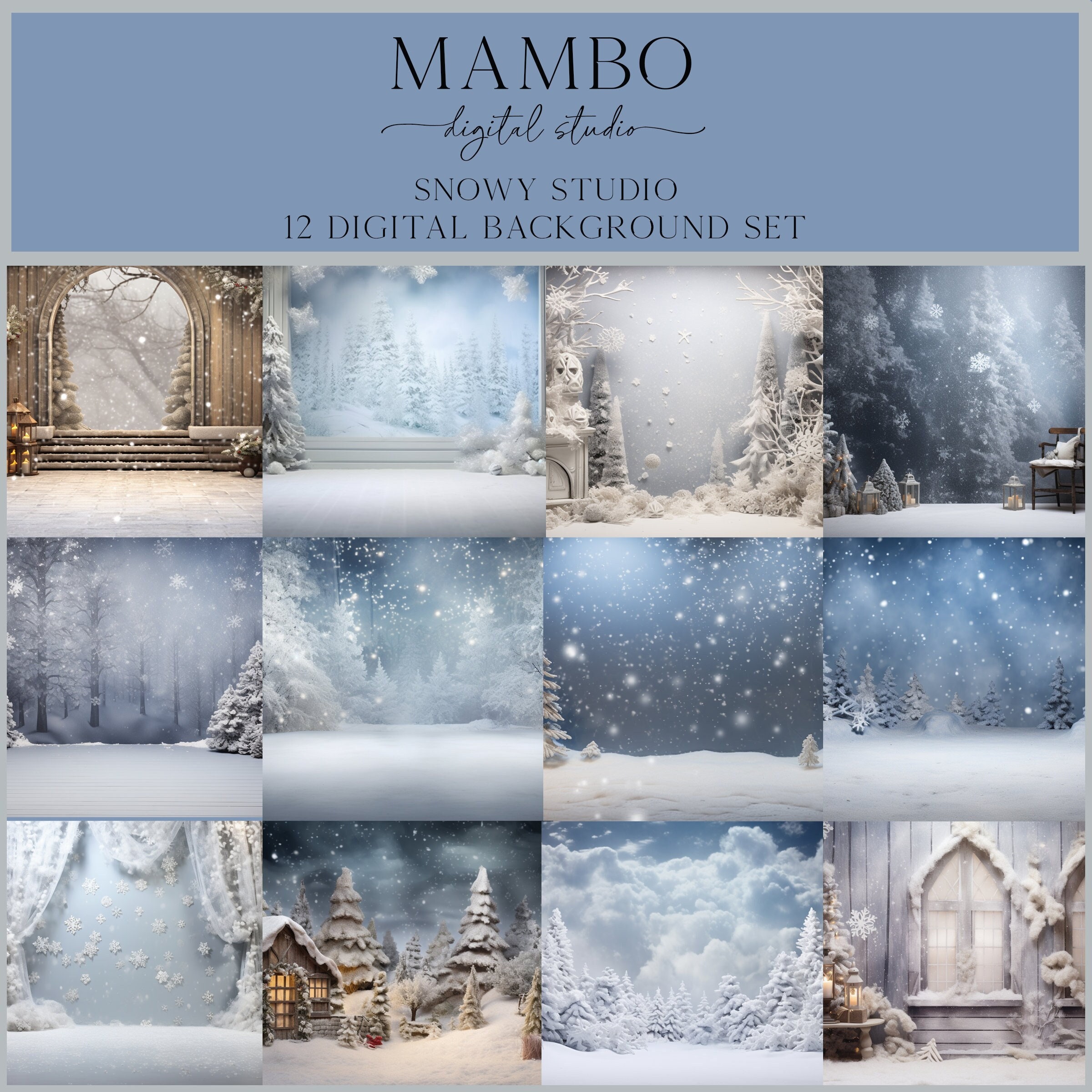 Snowy Studio Christmas Scenes Digital Backdrop Set, Photoshop Background, Digital Background, Maternity Portrait, Wedding, Holiday