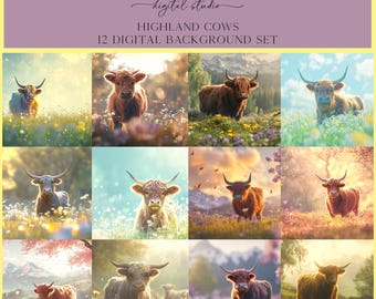 Highland Cow Scenes Digital Backdrop Set, Photoshop Background, Digital Background, Photography, Animal, Pet