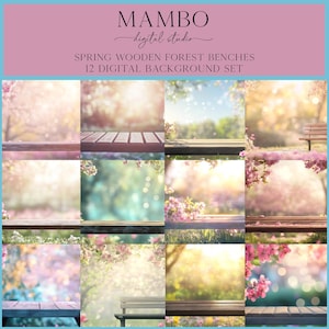 Puede incluir: Un conjunto de 12 fondos digitales que presentan escenas de bosque primaveral con bancos de madera. Los fondos incluyen una variedad de colores, incluyendo verde, rosa y blanco. Los bancos están hechos de madera y tienen un acabado natural. Los fondos son perfectos para usar en scrapbooking digital, creación de tarjetas y otros proyectos creativos.