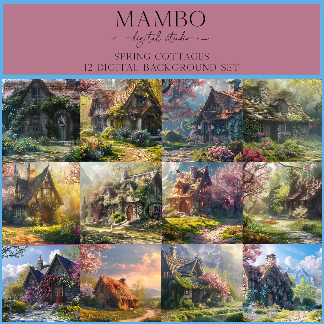 Spring Cottages Digital Backdrop Set, Photoshop Background, Digital ...