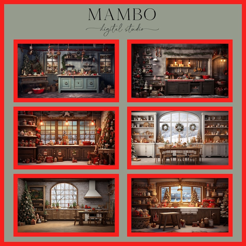 Christmas Kitchens Digital Backdrop Set, Photoshop Background, Digital ...