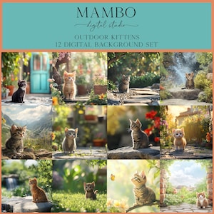 Può includere: Un set di sfondi digitali con 12 immagini di gattini all'aperto. Le immagini mostrano gattini in giardini e vicino a cascate. Il testo "MAMBO digital studio" e "OUTDOOR KITTENS 12 DIGITAL BACKGROUND SET" sono visualizzati.