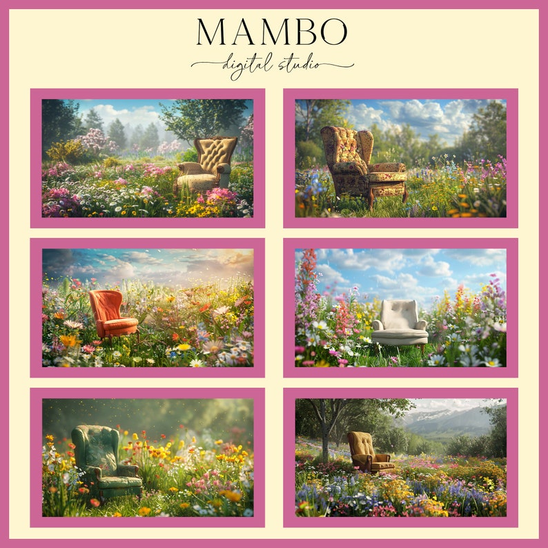 Mambo Backdrop Spring Wildflower Field Chairs Digital Backdrop Set, Photoshop ...