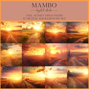 Peut inclure: Un ensemble de 12 images de fond numériques représentant des scènes de coucher de soleil d'automne avec des chemins menant à travers des champs. Les images sont parfaites pour créer de l'art numérique, du scrapbooking ou ajouter une touche d'automne à vos créations.
