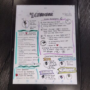 以下が含まれることがあります： デジタルタブレットの画面に手書きの図が描かれており、4つの心室の心臓のビューを示しています。この図には、異常な4つの心室の心臓のビューに関連する一般的な異常の記述が含まれています。また、4つの心室の心臓のビューのスキャン技術、正常な状態の可能な変動、カラー Dopplerの記述も含まれています。