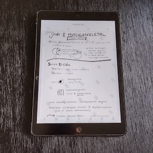 以下が含まれることがあります： タブレットの画面に、脊椎と筋骨格系に関する手書きのメモが書かれています。メモには、軸骨格、脊椎二分症、アーノルド・キアリII型奇形に関する情報が含まれています。