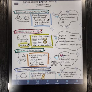 May include: A handwritten diagram on a tablet screen explaining the different types of ultrasound transducers used in medical imaging. The diagram includes illustrations of the transducers, their uses, and their frequency ranges. The transducers include abdominal, linear, cardiac, and endovaginal.