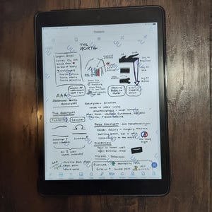 May include: Handwritten notes on a tablet screen about the aorta, a major artery in the human body. The notes include information about the aorta's anatomy, function, and potential health problems, such as aneurysms and dissections. The notes also include diagrams and illustrations.