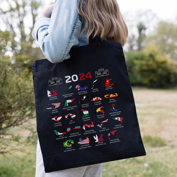 Formula 1 One 2024 Circuits Tote Bag, Race Tracks Motorsport Reusable Shopper Gift, F1 Grand Prix Fan Present, Black Gym Wife Birthday Idea