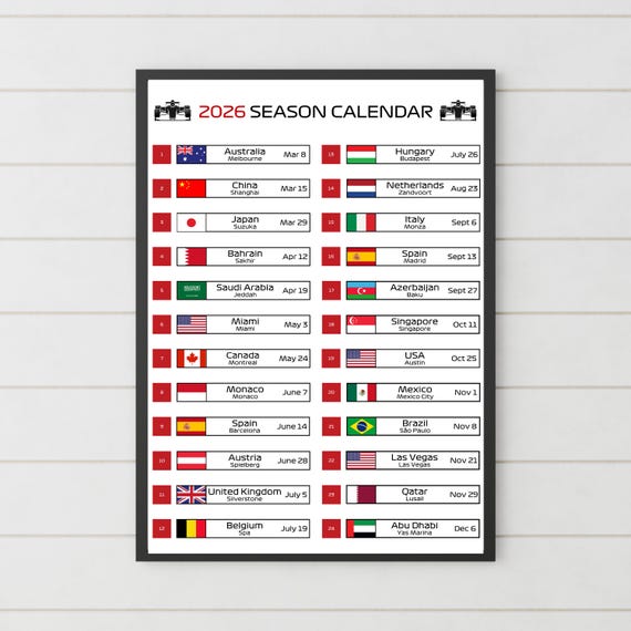 Formula 2026 Season Calendar, Wall Art Poster Print, Motorsport