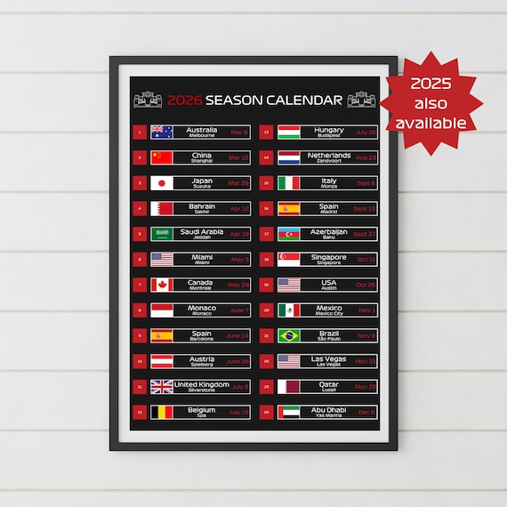 Formula 2026 Season Calendar, Wall Art Poster Print, Motorsport
