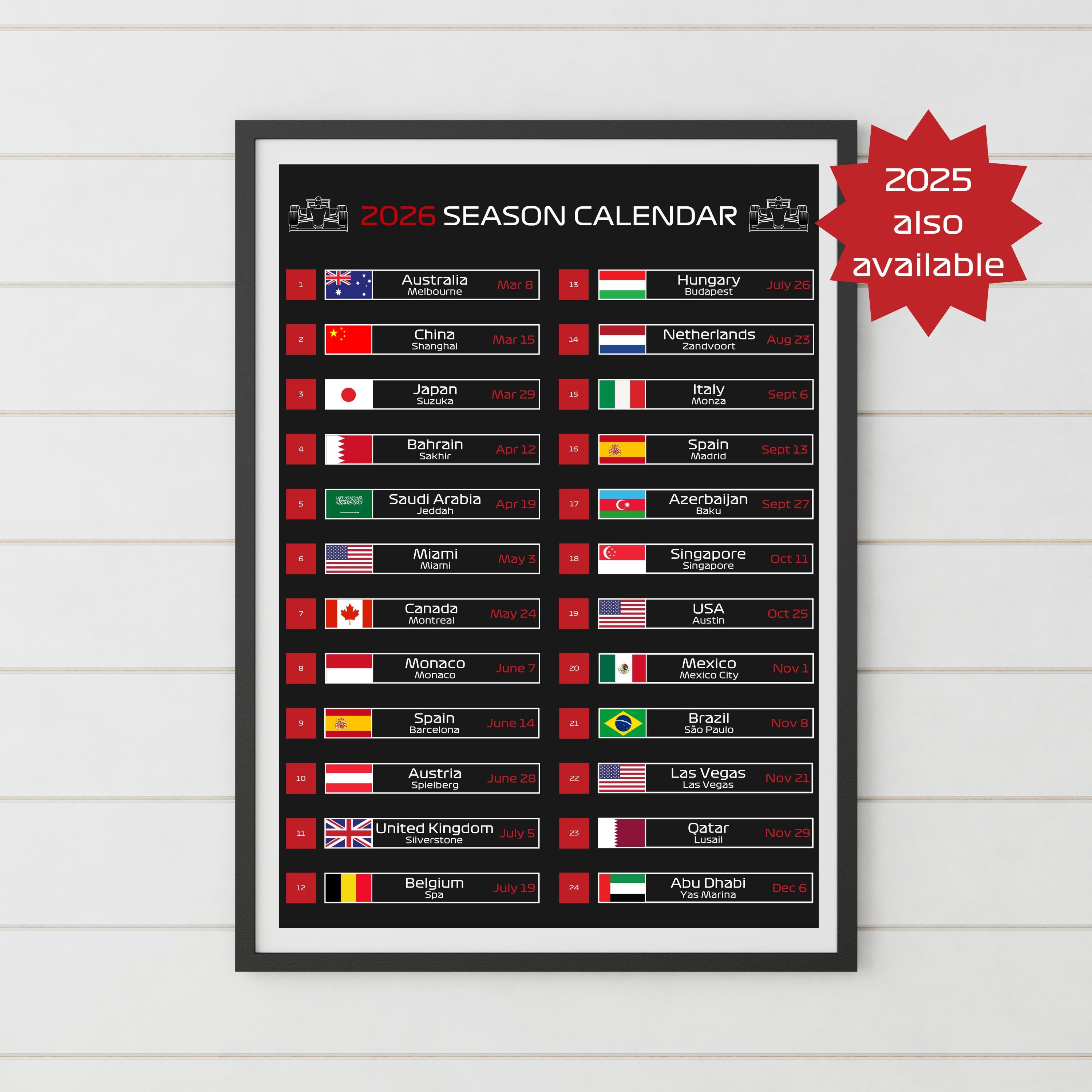 Formula 2026 Season Calendar, Wall Art Poster Print, Motorsport