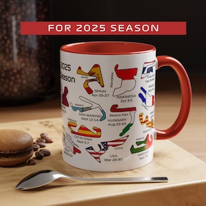 Seizoenskalender Moto GP 2025, racecircuits, mok Grand Prix motor, racebanen motorsport, cadeau-idee beker, echtgenoot vader hem haar cadeau