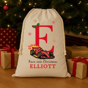 Sac père père Noël personnalisé formule initiale de course, bas de Noël personnalisé prénom garçon fille, bas de Noël personnalisé, sport automobile voiture familiale, sac père fils fille