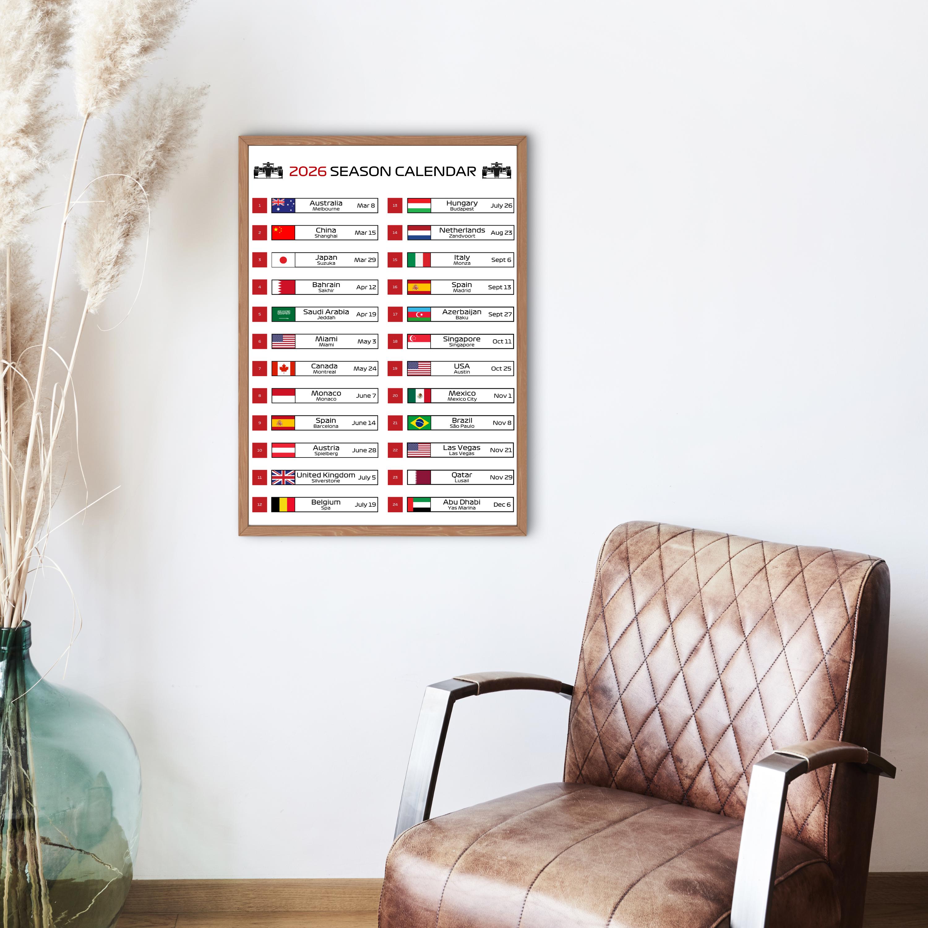 Formula 2026 Season Calendar, Wall Art Poster Print, Motorsport