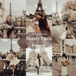 May include: A digital preset for photo editing called "Moody Paris Preset" with a brown watercolor background. The preset is designed for mobile and desktop photo editing. The image shows several photos of Paris, France, including the Eiffel Tower, a woman in a white dress, and a street scene.
