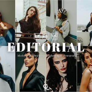 Puede incluir: Un collage de ocho imágenes con modelos en varias poses y atuendos. La palabra "EDITORIAL" se muestra prominentemente en letras blancas grandes. Debajo, el texto dice "Mobile & Desktop Lightroom Presets". Las imágenes tienen un tema de moda o estilo de vida.