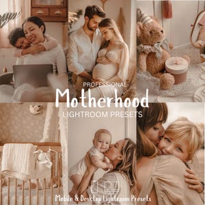 Op de afbeelding: Een set Lightroom-presets voor mobiel en desktop, genaamd "Moederschap", ontworpen om foto's van moeders en kinderen te verbeteren. De presets worden gepresenteerd in een collage van afbeeldingen met een zwangere vrouw, een moeder en kind, en een baby in een wieg.
