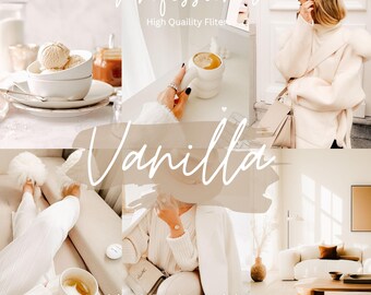May include: Vanilla Lightroom presets for mobile and desktop. The presets are designed to give your photos a warm, creamy, and soft look. The image shows a variety of photos that have been edited with the presets, including a woman in a white coat, a cup of coffee, and a bowl of ice cream.