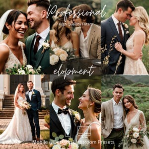 12 Elopement Lightroom Presets, Bright Wedding & Bridal Photography Filters,Engagement Presets for Couples,Mobile and Desktop Lightroom Edit