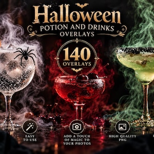 May include: A digital collection of 140 Halloween potion and drinks overlays featuring three cocktail glasses filled with clear, red, and green liquids, garnished with fruit and a spider, surrounded by swirling smoke and dark atmospheric elements.
